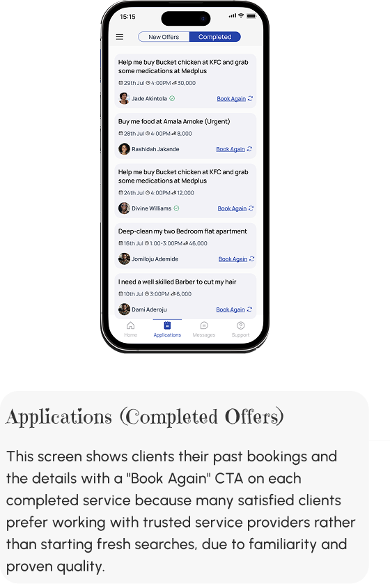Applications Completed tab showing past bookings with Book Again CTAs, with design description